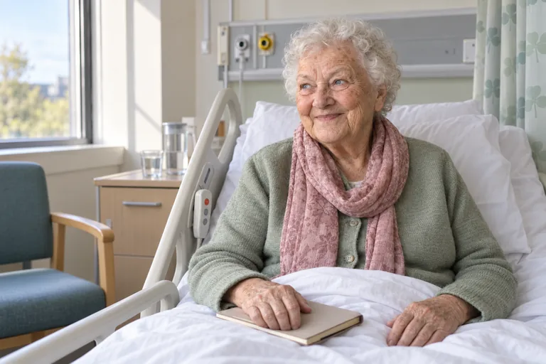 Wygenerowany przez AI wizerunek postaci Eileen Murphy, wiek: 87, w fikcyjnym brytyjskim szpitalu. Eileen odpoczywa w regulowanym łóżku, z różanym szalikiem, białymi lokami i zeszytem z przepisami.