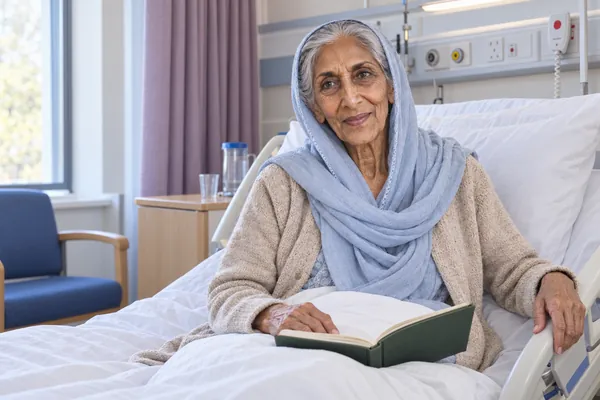 Wygenerowany przez AI wizerunek postaci Harjit Kaur, wiek: 79, w fikcyjnym brytyjskim szpitalu. Harjit siedzi wyprostowana na łóżku szpitalnym z zieloną książką, w jasnoniebieskim nakryciu głowy i beżowym kardiganie.