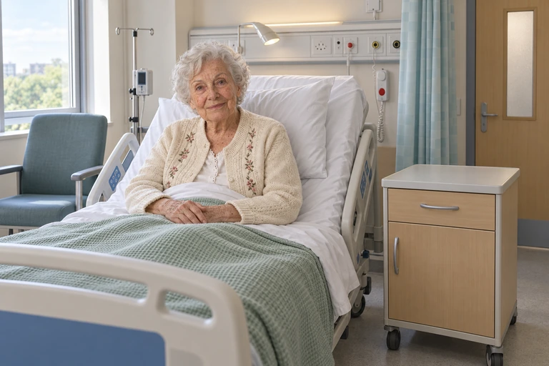 Margaret Collins, 84 lata, stworzona przez AI w swojej fikcyjnej sali rehabilitacji szpitalnej. Regulowane łóżko szpitalne, przycisk przywołania pielęgniarki, wyposażenie medyczne na ścianie, krzesło dla odwiedzających i zasłona. Nie przedstawia prawdziwego pacjenta ani szpitala. Na szafce przy łóżku nie ma kwiatów.