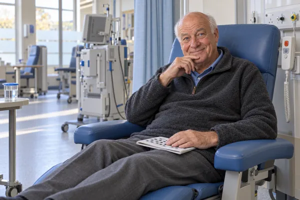 Wygenerowany przez AI wizerunek postaci Nigel Tucker, wiek: 76, w fikcyjnym brytyjskim szpitalu. Nigel odpoczywa z krzyżówką w niebieskim fotelu oddziału dziennego; obok stoją nieużywany sprzęt i zasłona zapewniająca prywatność.