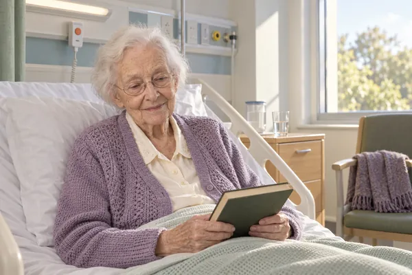 Wygenerowany przez AI wizerunek postaci Dorothy Evans, wiek: 89, w fikcyjnym brytyjskim szpitalu. Dorothy ma okulary w drucianych oprawkach i lawendowy kardigan; trzyma książkę nad szpitalnym kocem.