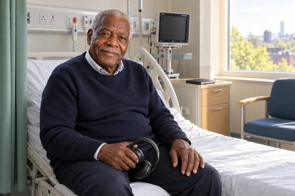 Wygenerowany przez AI wizerunek postaci Winston Bailey, wiek: 80, w fikcyjnym brytyjskim szpitalu. Winston siedzi na łóżku szpitalnym ze słuchawkami w rękach; ma siwe wąsy i granatowy sweter, a z okna wpada dzienne światło.