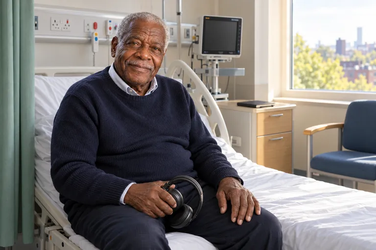 Wygenerowany przez AI wizerunek postaci Winston Bailey, wiek: 80, w fikcyjnym brytyjskim szpitalu. Winston siedzi na łóżku szpitalnym ze słuchawkami w rękach; ma siwe wąsy i granatowy sweter, a z okna wpada dzienne światło.