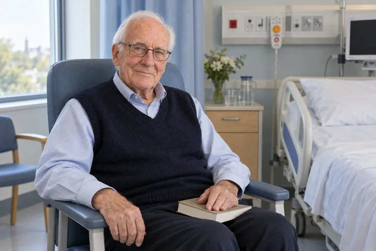 Wygenerowany przez AI wizerunek postaci John Mercer, wiek: 81, w fikcyjnym brytyjskim szpitalu. John siedzi obok łóżka szpitalnego, w okularach i granatowej kamizelce, z książką na kolanach.