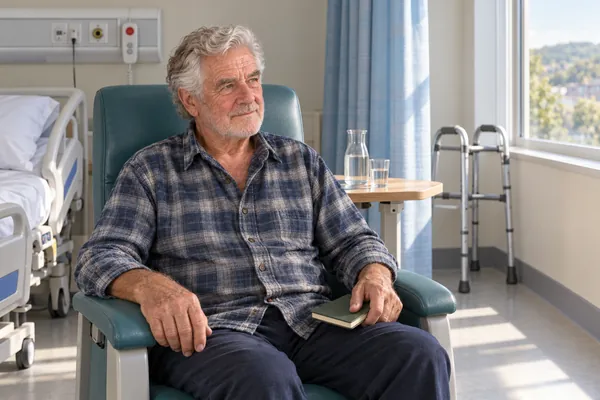 Wygenerowany przez AI wizerunek postaci Peter Hughes, wiek: 78, w fikcyjnym brytyjskim szpitalu. Peter siedzi w turkusowym fotelu szpitalnym przy łóżku i balkoniku, spoglądając w stronę okna.