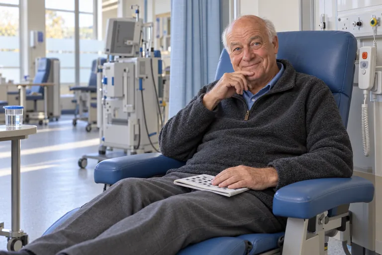 Wygenerowany przez AI wizerunek postaci Nigel Tucker, wiek: 76, w fikcyjnym brytyjskim szpitalu. Nigel odpoczywa z krzyżówką w niebieskim fotelu oddziału dziennego; obok stoją nieużywany sprzęt i zasłona zapewniająca prywatność.