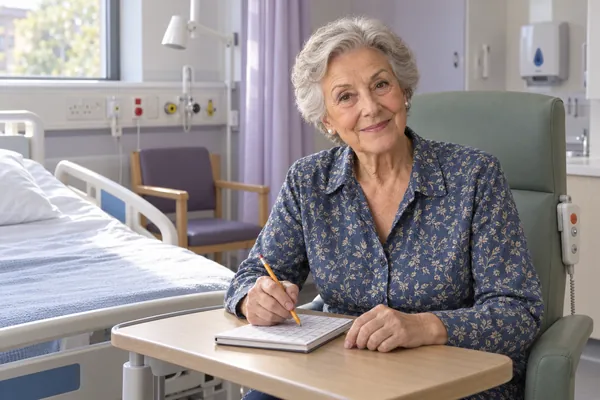 Wygenerowany przez AI wizerunek postaci Sheila Thompson, wiek: 82, w fikcyjnym brytyjskim szpitalu. Sheila trzyma ołówek nad krzyżówką na stoliku przy łóżku i przycisku przywołania pielęgniarki.