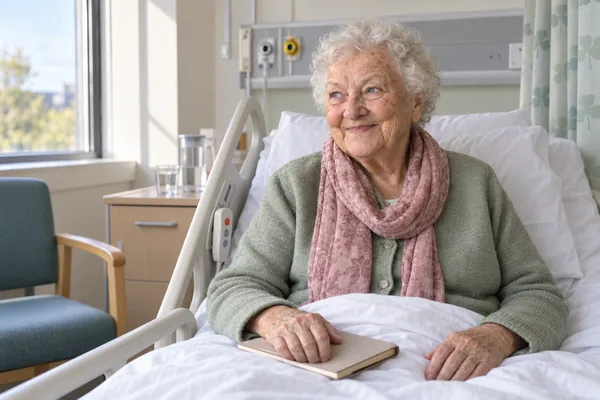 Wygenerowany przez AI wizerunek postaci Eileen Murphy, wiek: 87, w fikcyjnym brytyjskim szpitalu. Eileen odpoczywa w regulowanym łóżku, z różanym szalikiem, białymi lokami i zeszytem z przepisami.